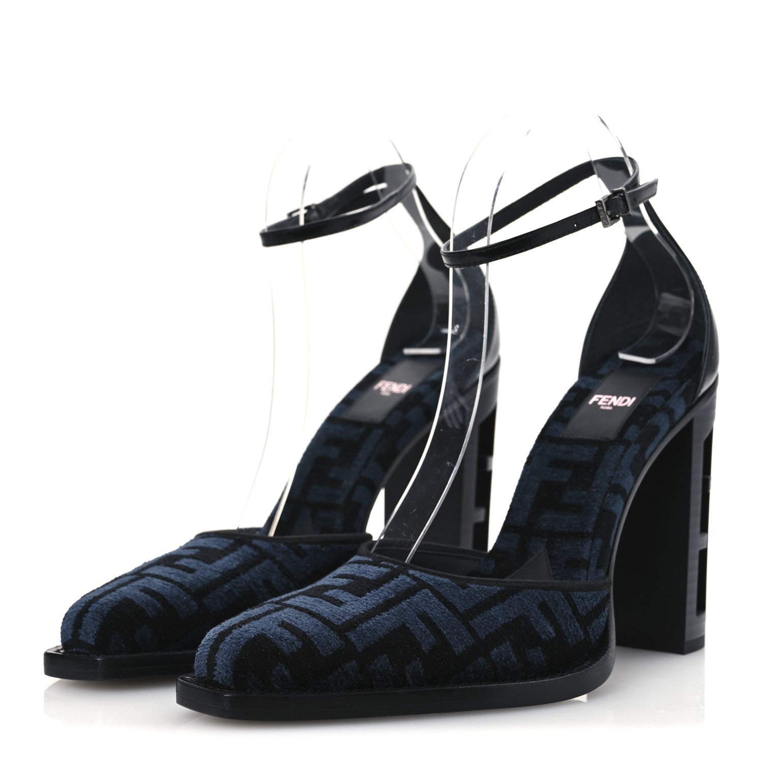 Fendi Chenille Jacquard FF Cut Baguette Ankle Strap 105mm Pumps 38 Black Blue 4 of 11