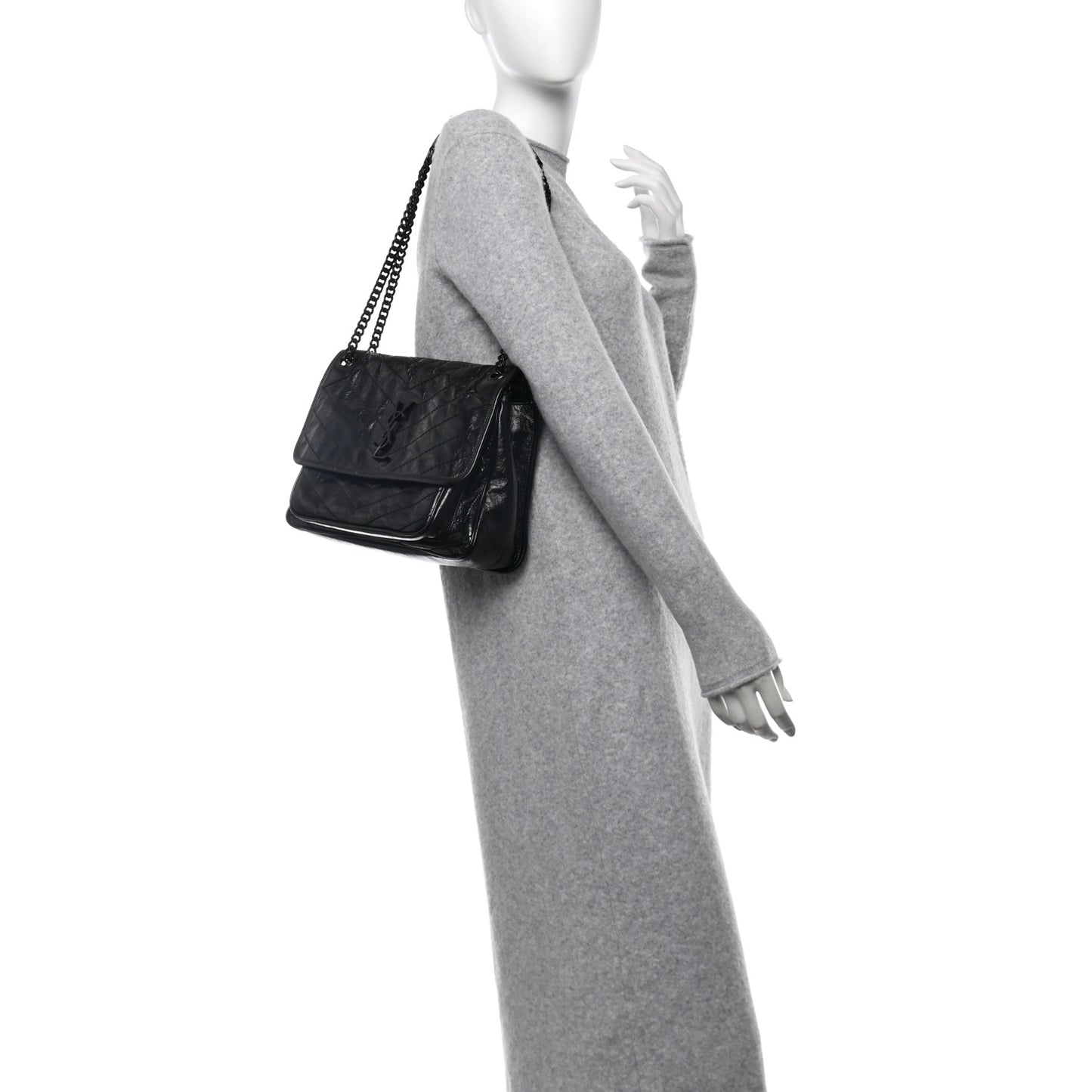 Crinkled Calfskin Matelasse Monogram Medium Niki Chain Satchel Black