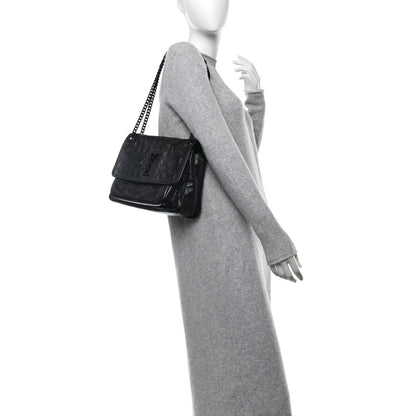 Saint Laurent Crinkled Calfskin Matelasse Monogram Medium Niki Chain Satchel Black 2 of 9