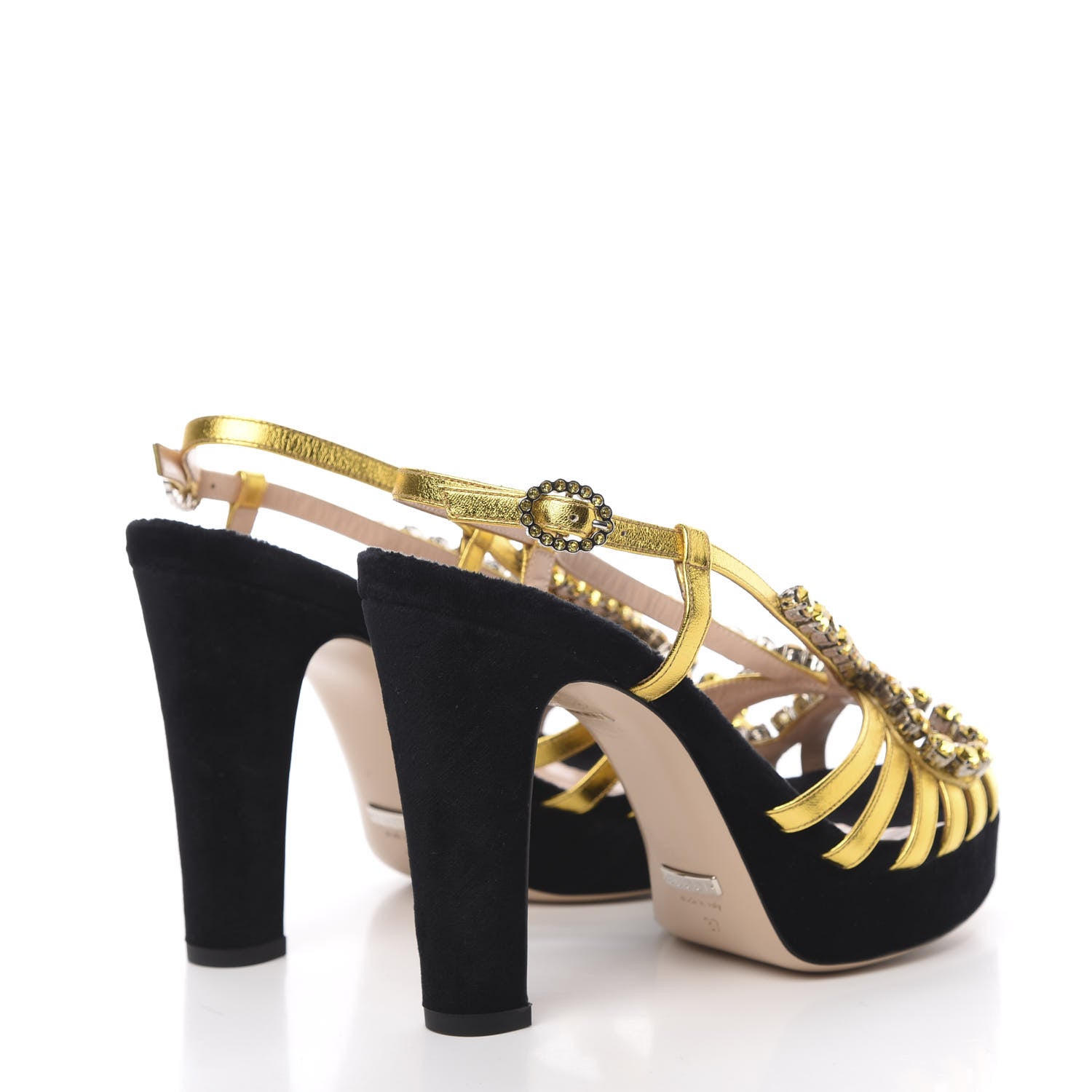 Gucci Velvet Nappa Crystal Zephyra Slingback Platform High Heel Sandals 37 Black Gold 4 of 9