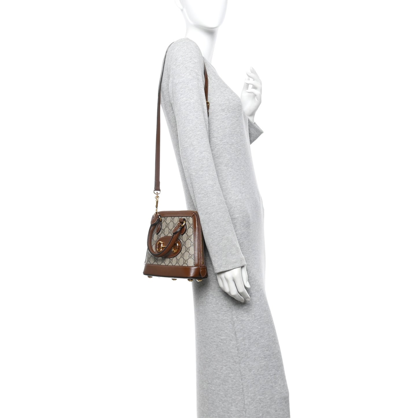 GG Supreme Monogram Azalea Calfskin Mini Horsebit 1955 Top Handle Bag Beige Ebony Brown Sugar