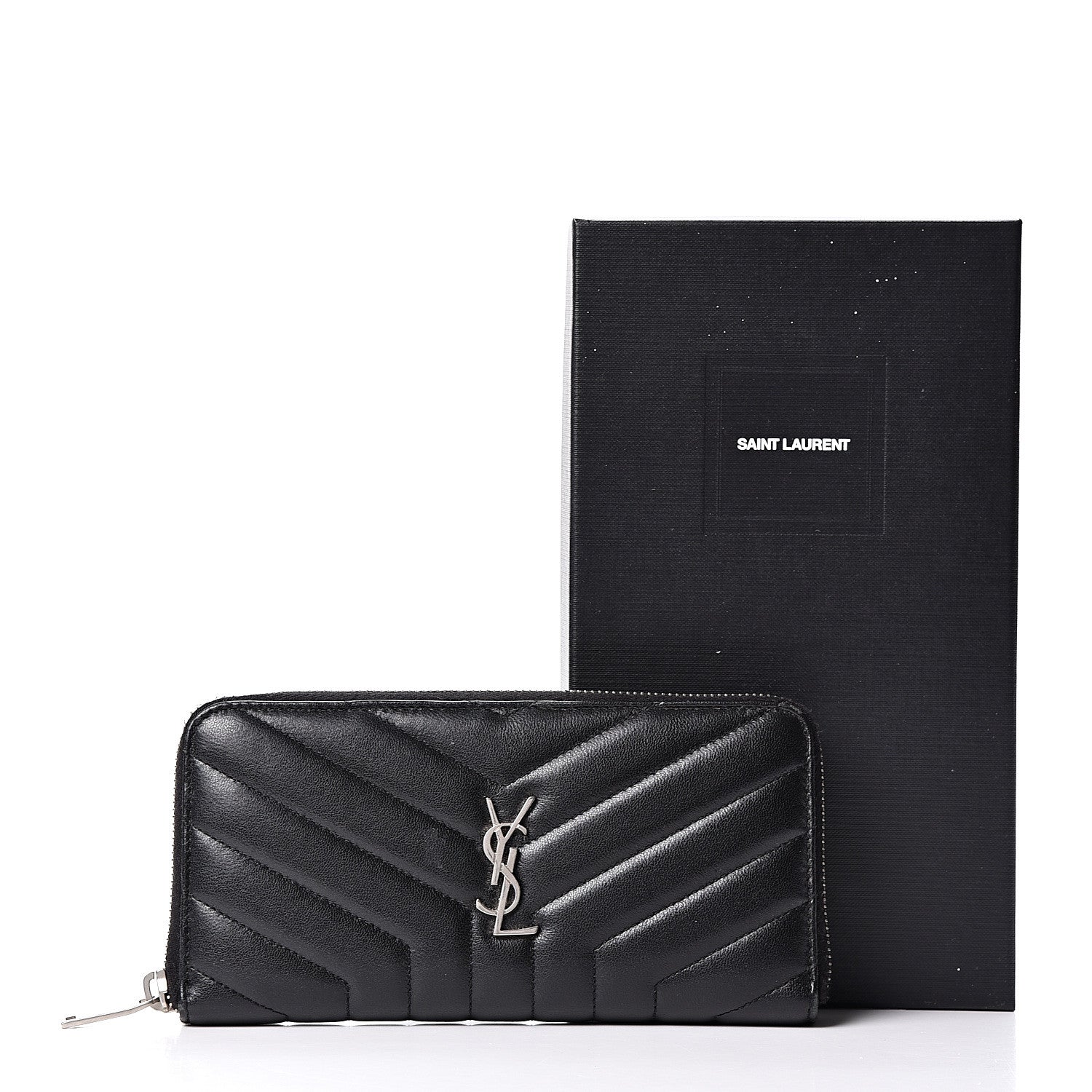 Saint Laurent Calfskin Matelasse Chevron Monogram Zip Around Wallet Black 8 of 8