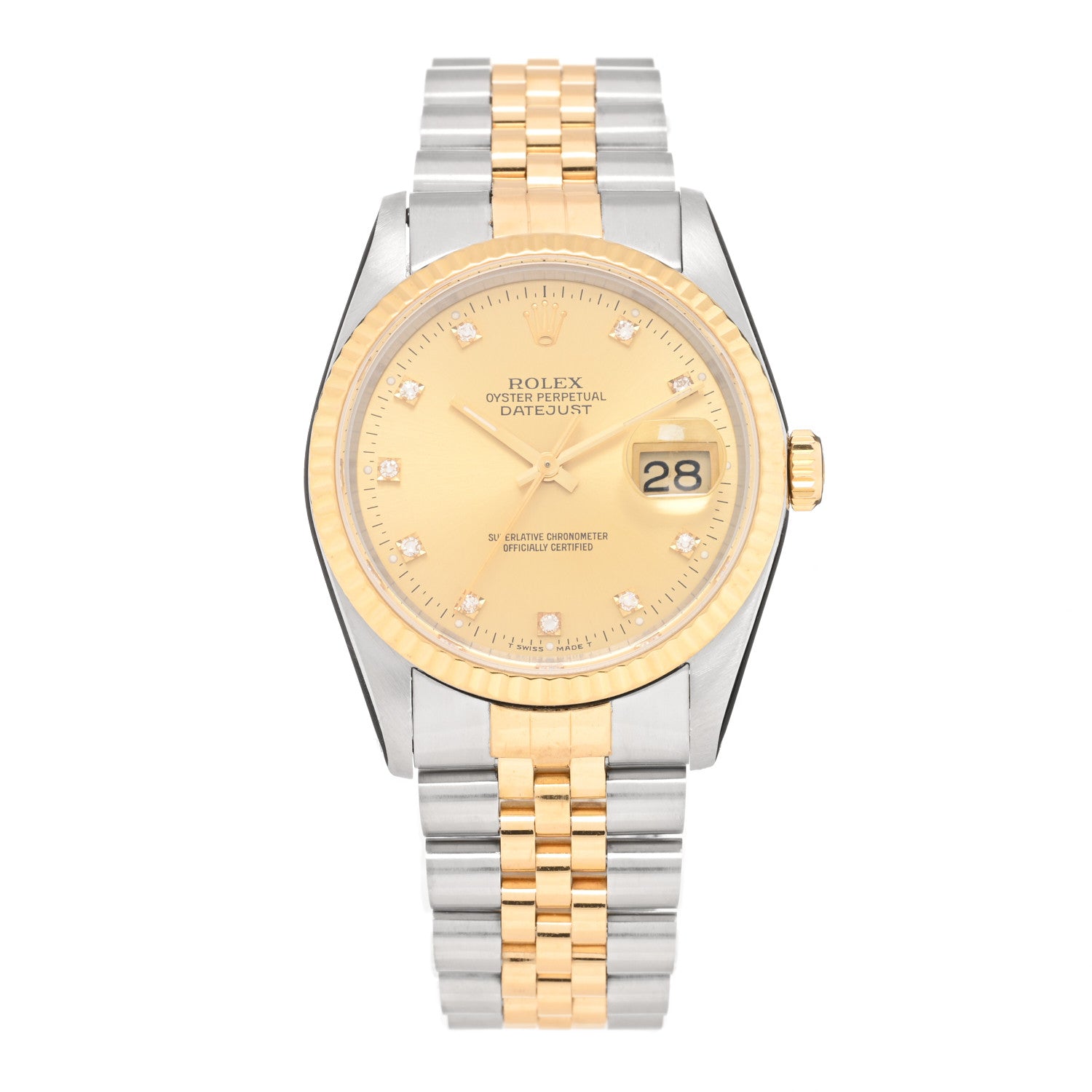 front view image of a vintage ROLEX Stainless Steel 18K Yellow Gold Diamond 36mm Oyster Perpetual Datejust Watch Champagne 16233 by FASHIONPHILE