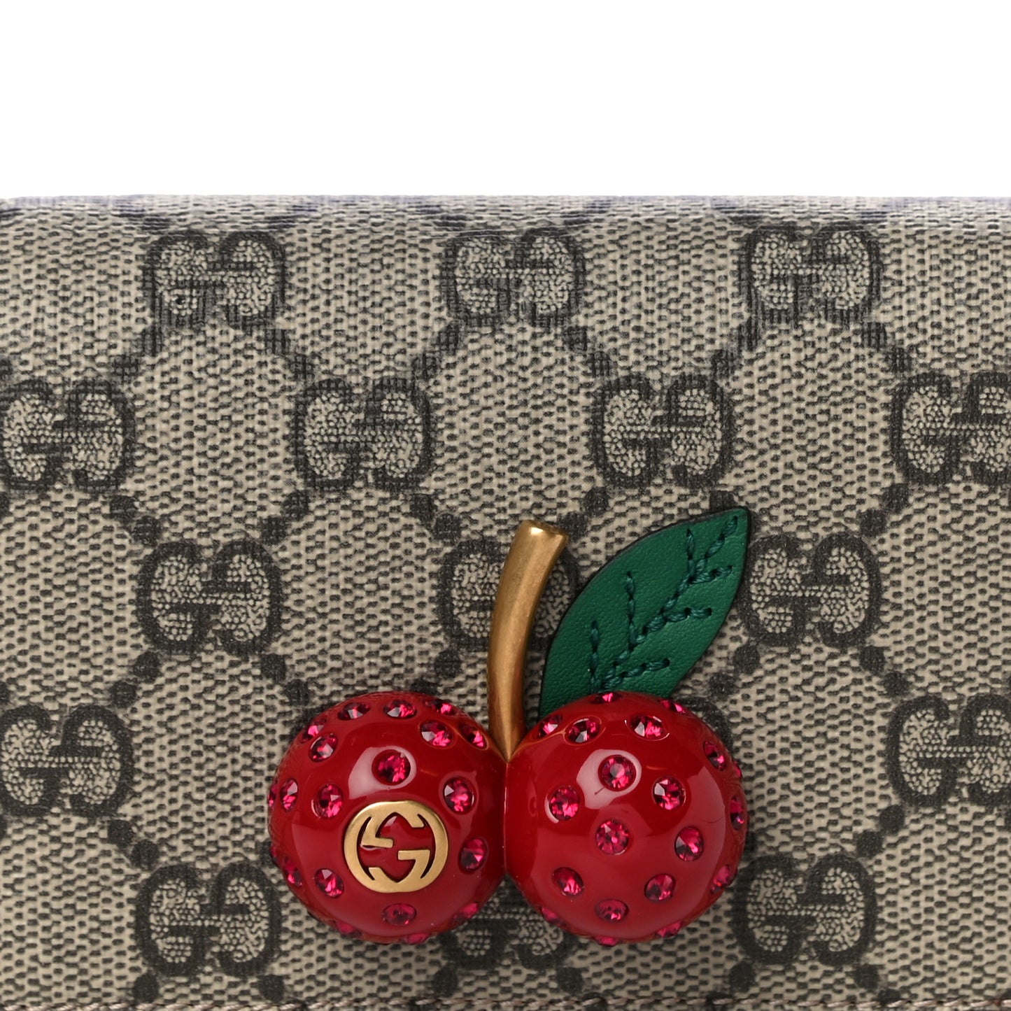 GG Supreme Monogram Cherry Embellished Card Case Wallet Hibiscus Red