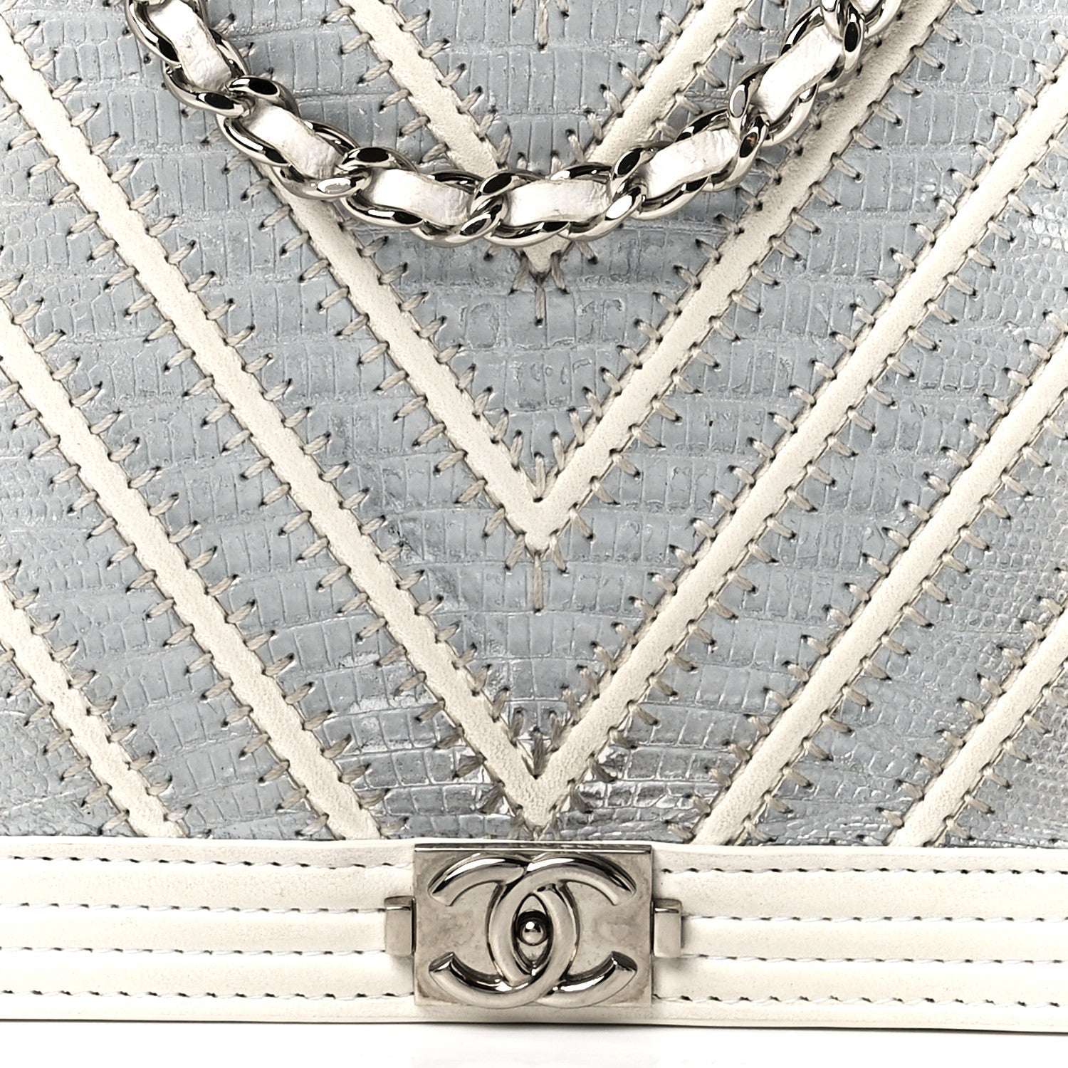 Chanel Lizard Chevron Stitched Boy Wallet On Chain WOC White Silver 9 of 12