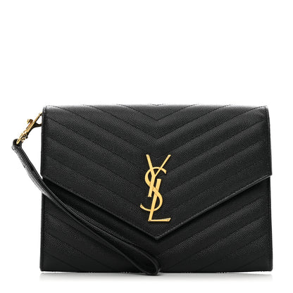 Saint Laurent Grain De Poudre Matelasse Chevron Monogram Envelope Clutch Black 1 of 8
