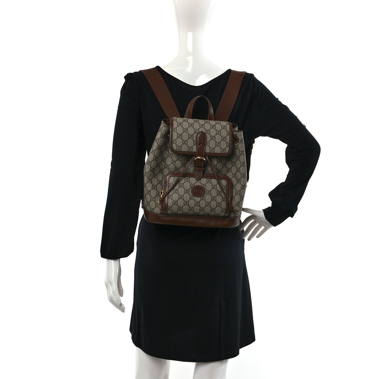 GG Supreme Monogram Azalea Calfskin Retro Interlocking G Buckle Backpack Beige Ebony Brown Sugar