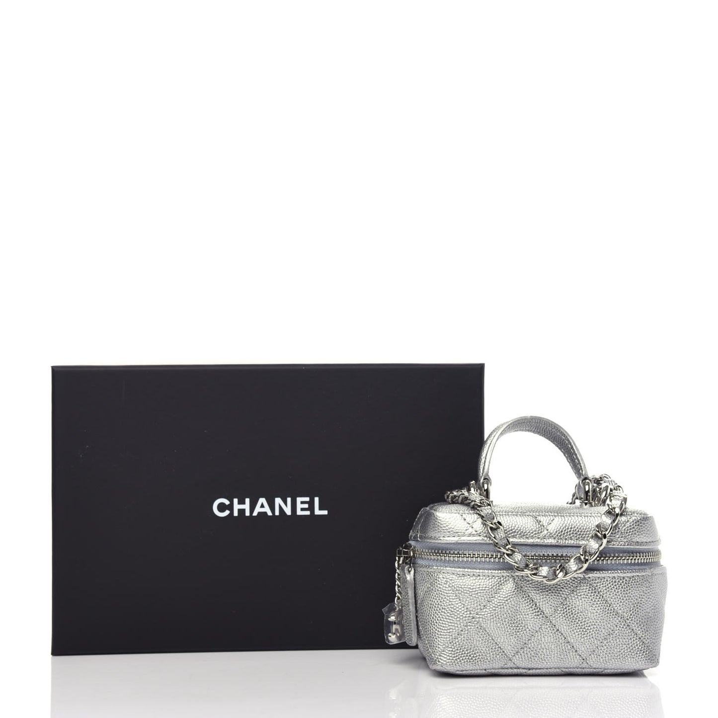 Metallic Caviar Quilted Mini Top Handle Vanity With Chain Silver