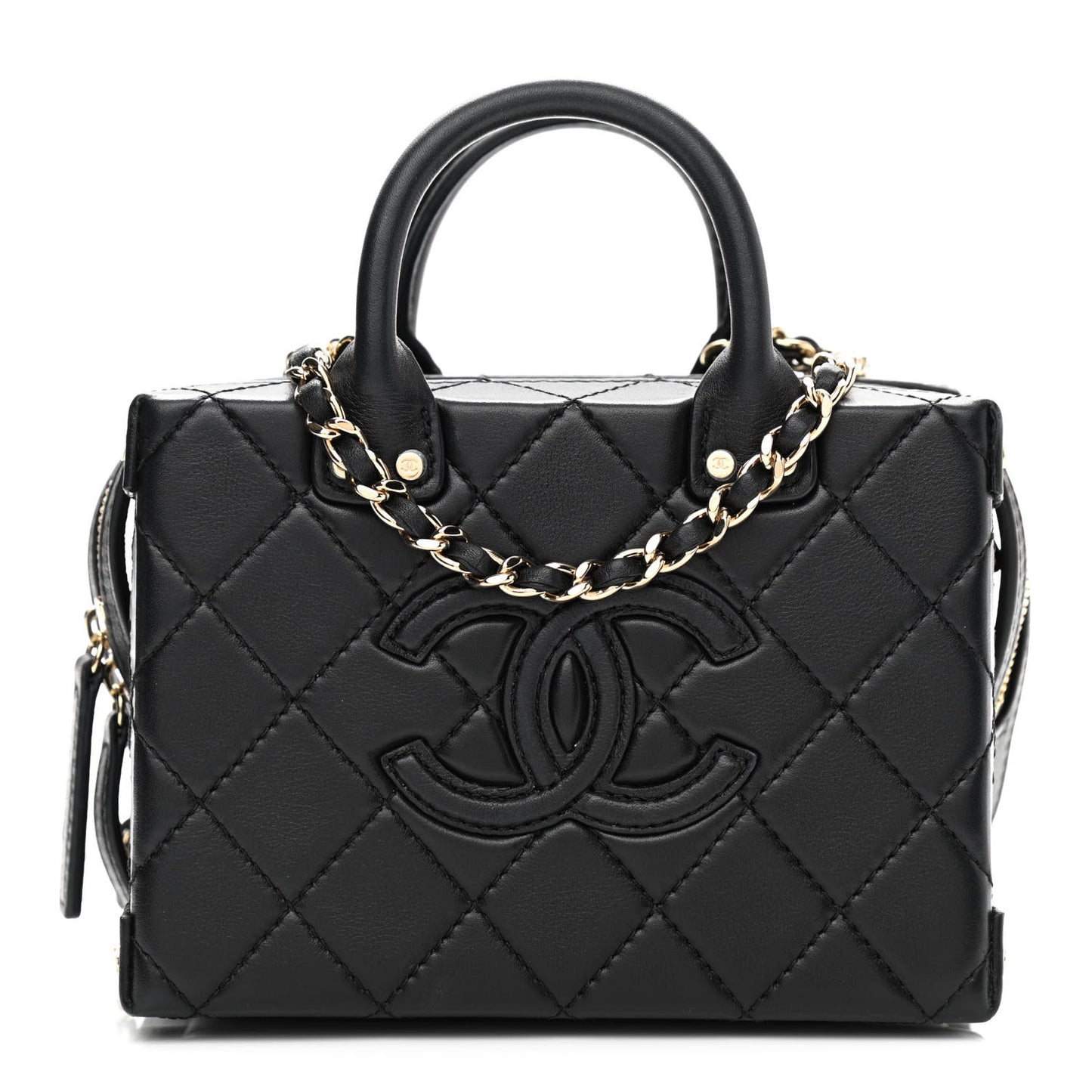 Calfskin Quilted Small Studded Square Vanity Case Black