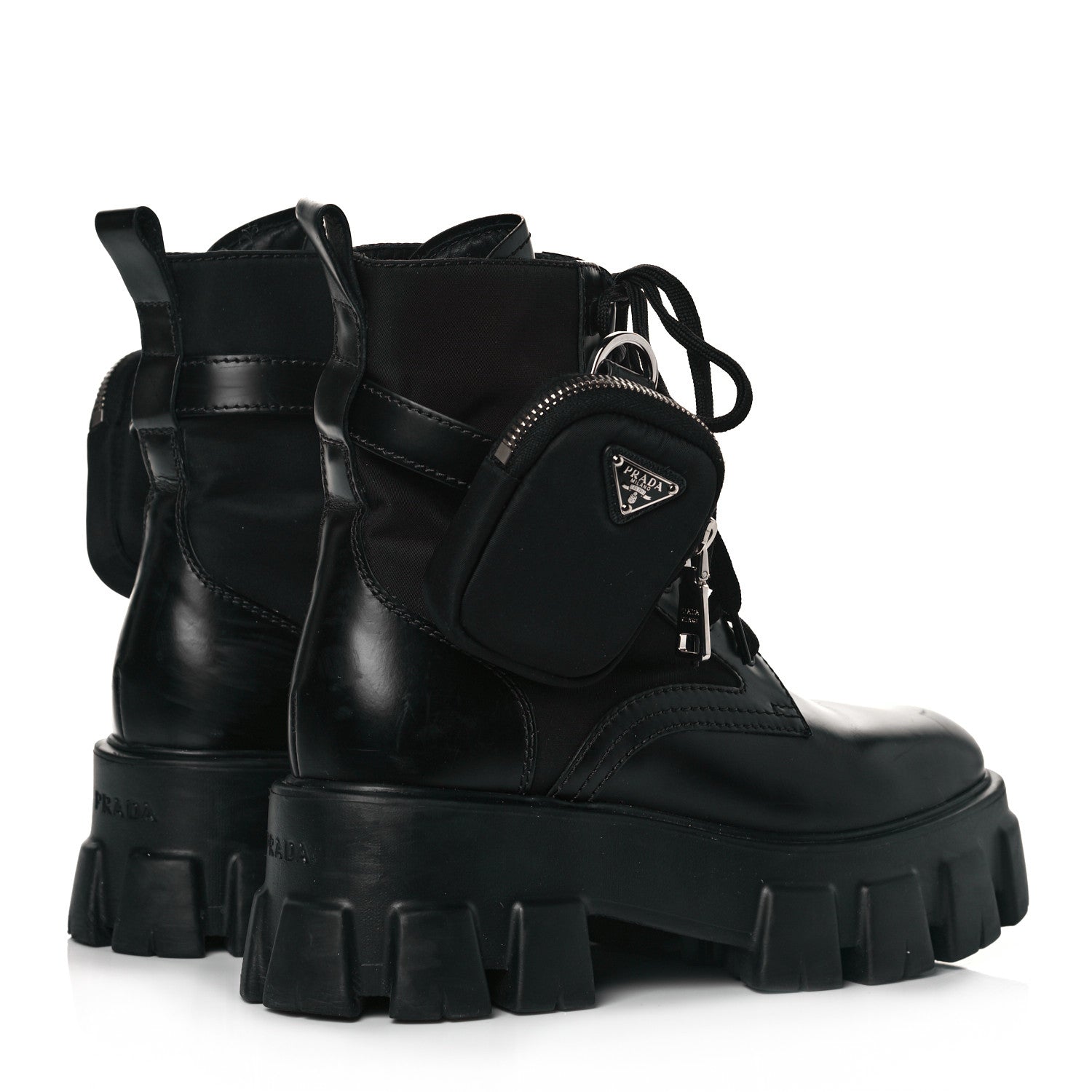 Prada Spazzolato Rois Nylon Metal Triangle Logo Monolith Pouch Pocket 55mm Boots 36.5 Black 4 of 6