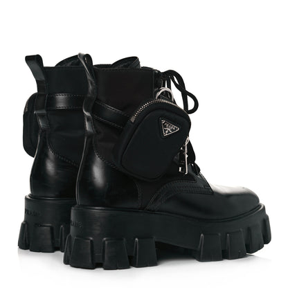 Prada Spazzolato Rois Nylon Metal Triangle Logo Monolith Pouch Pocket 55mm Boots 36.5 Black 4 of 6