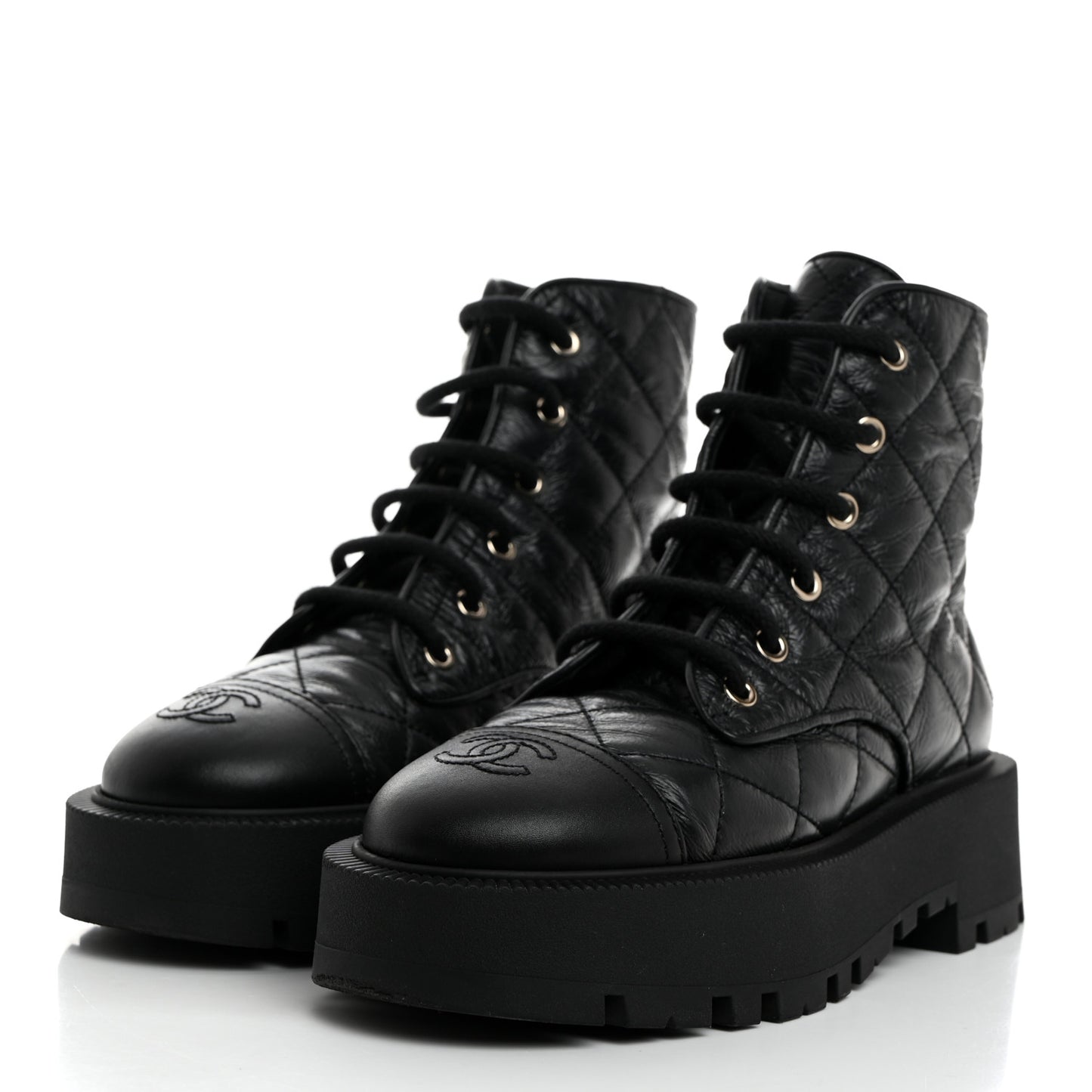 Crumpled Lambskin Quilted Platform Lace Up Combat Boots 37 Black