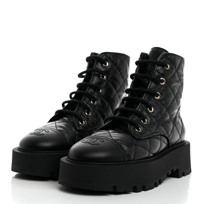 Chanel Crumpled Lambskin Quilted Platform Lace Up Combat Boots 37 Black 3 of 9