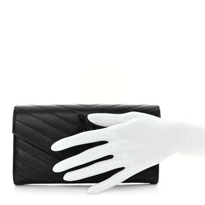 Saint Laurent Grain De Poudre Matelasse Chevron Monogram Flap Wallet Black 2 of 12