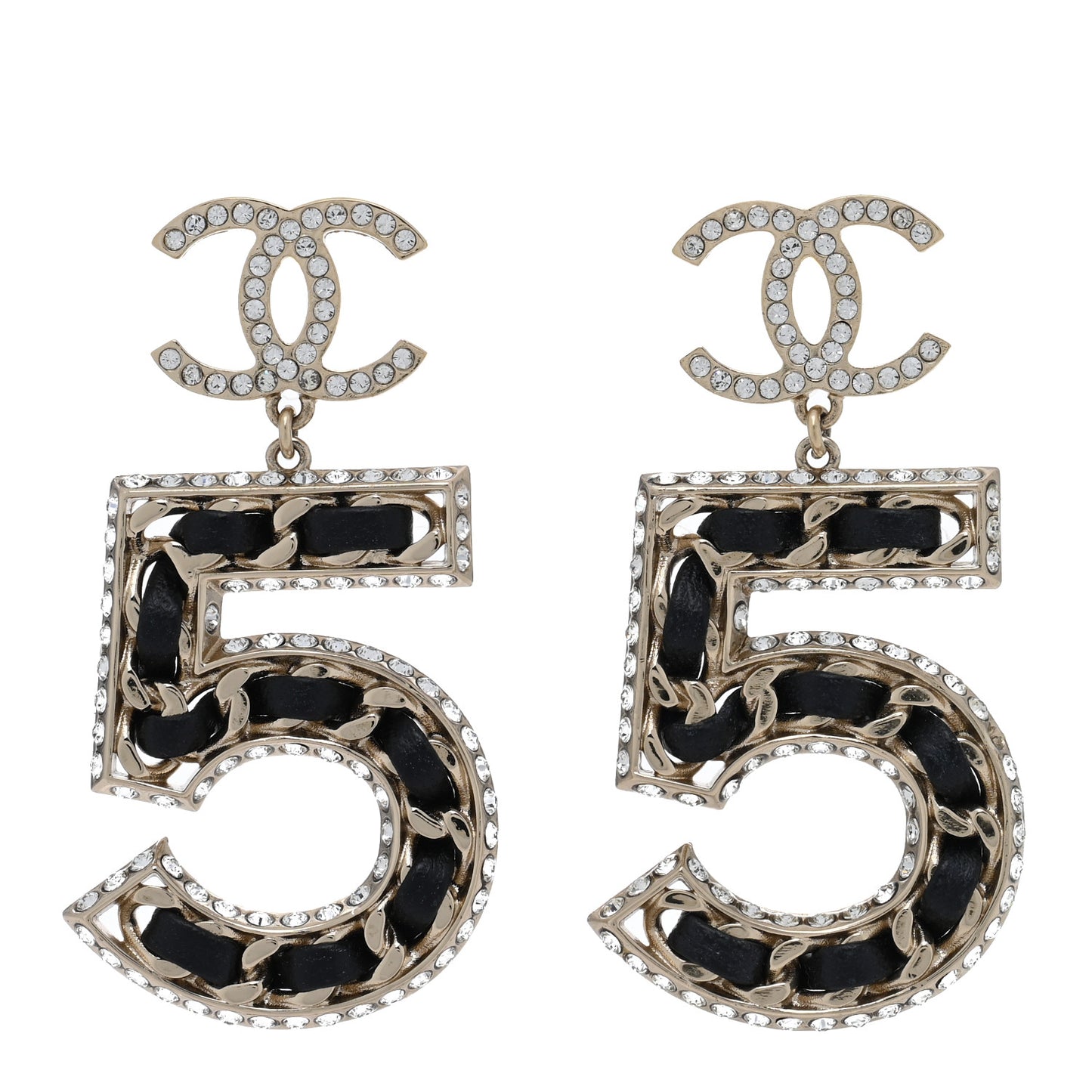 Crystal Lambskin Chain CC No 5 Drop Earrings Gold Black