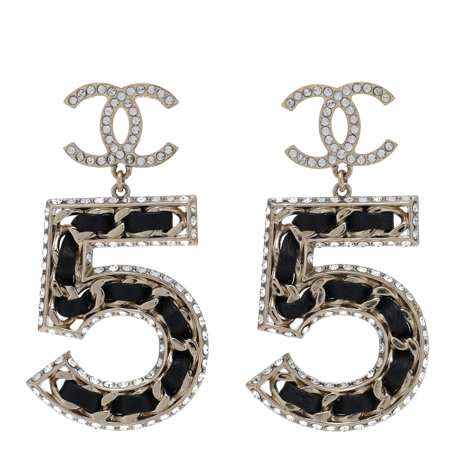Chanel Crystal Lambskin Chain CC No 5 Drop Earrings Gold Black 1 of 5