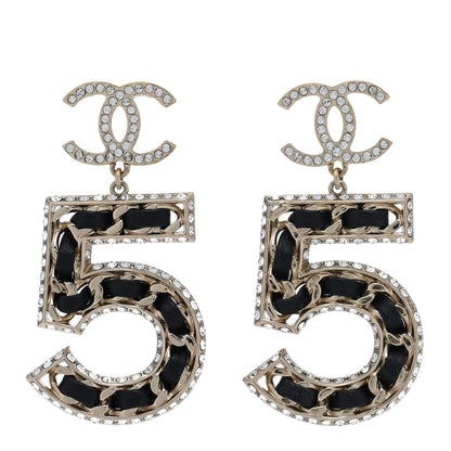 Chanel Crystal Lambskin Chain CC No 5 Drop Earrings Gold Black 1 of 5