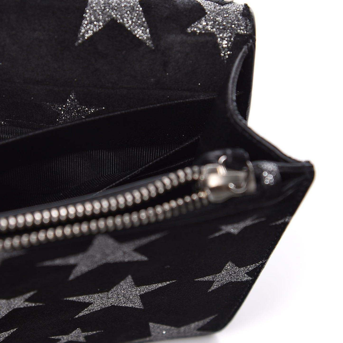 Suede Star Print Monogram Tassel Chain Wallet Black Silver