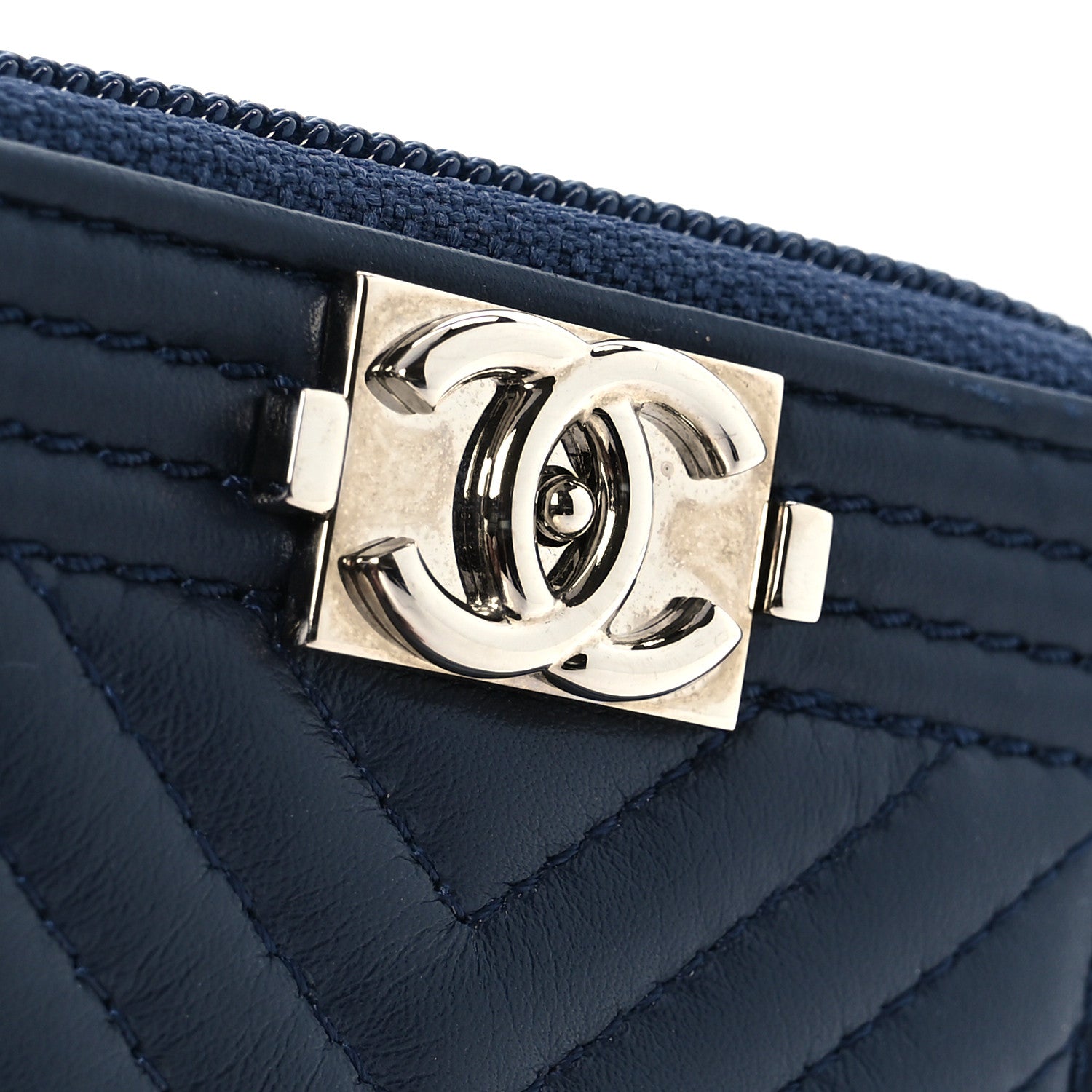 Chanel Calfskin Chevron Quilted Zip Around Boy Coin Purse Navy