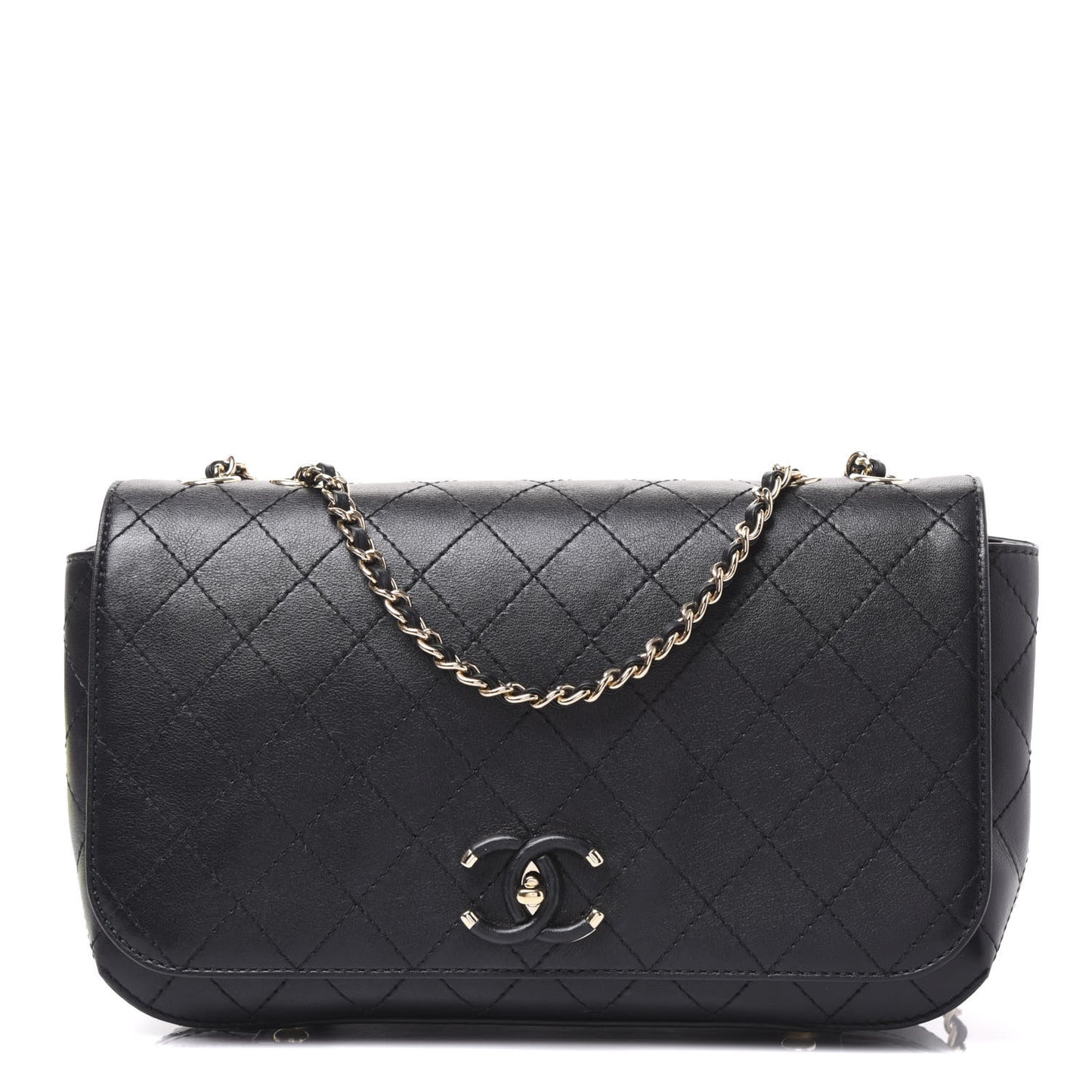 Calfskin Stitched Medium Covered CC Flap Bag Black