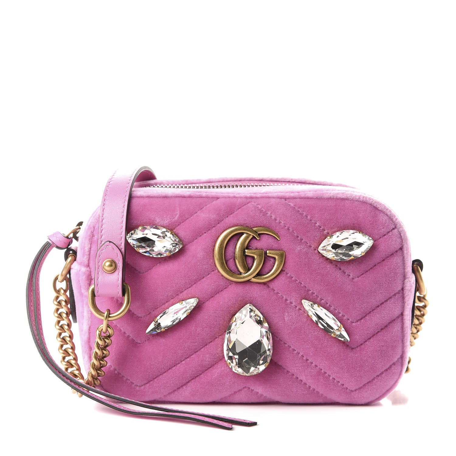 Gucci Velvet Matelasse Marquise Crystals Mini GG Marmont Chain Shoulder Bag Malva 1 of 10