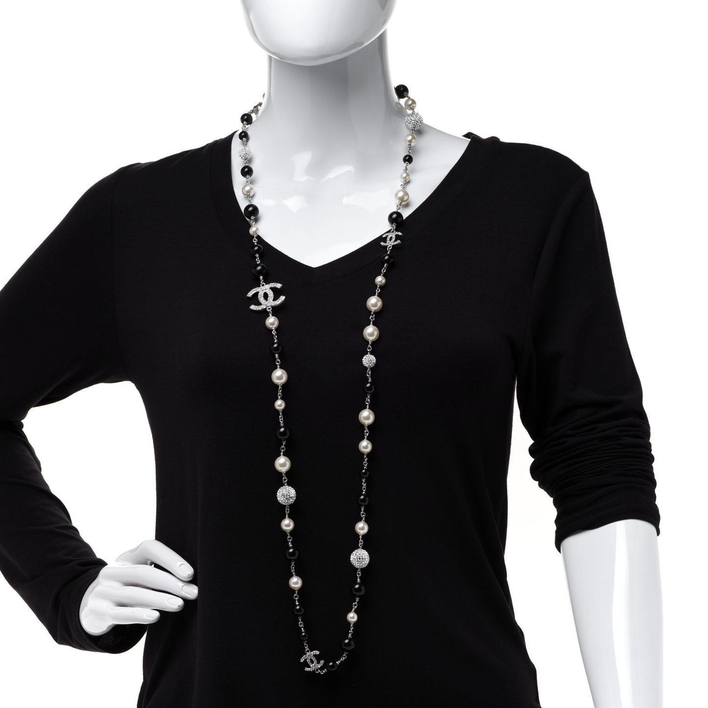 Pearl Crystal Bead CC Long Necklace Black Silver