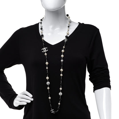 Chanel Pearl Crystal Bead CC Long Necklace Black Silver 2 of 6