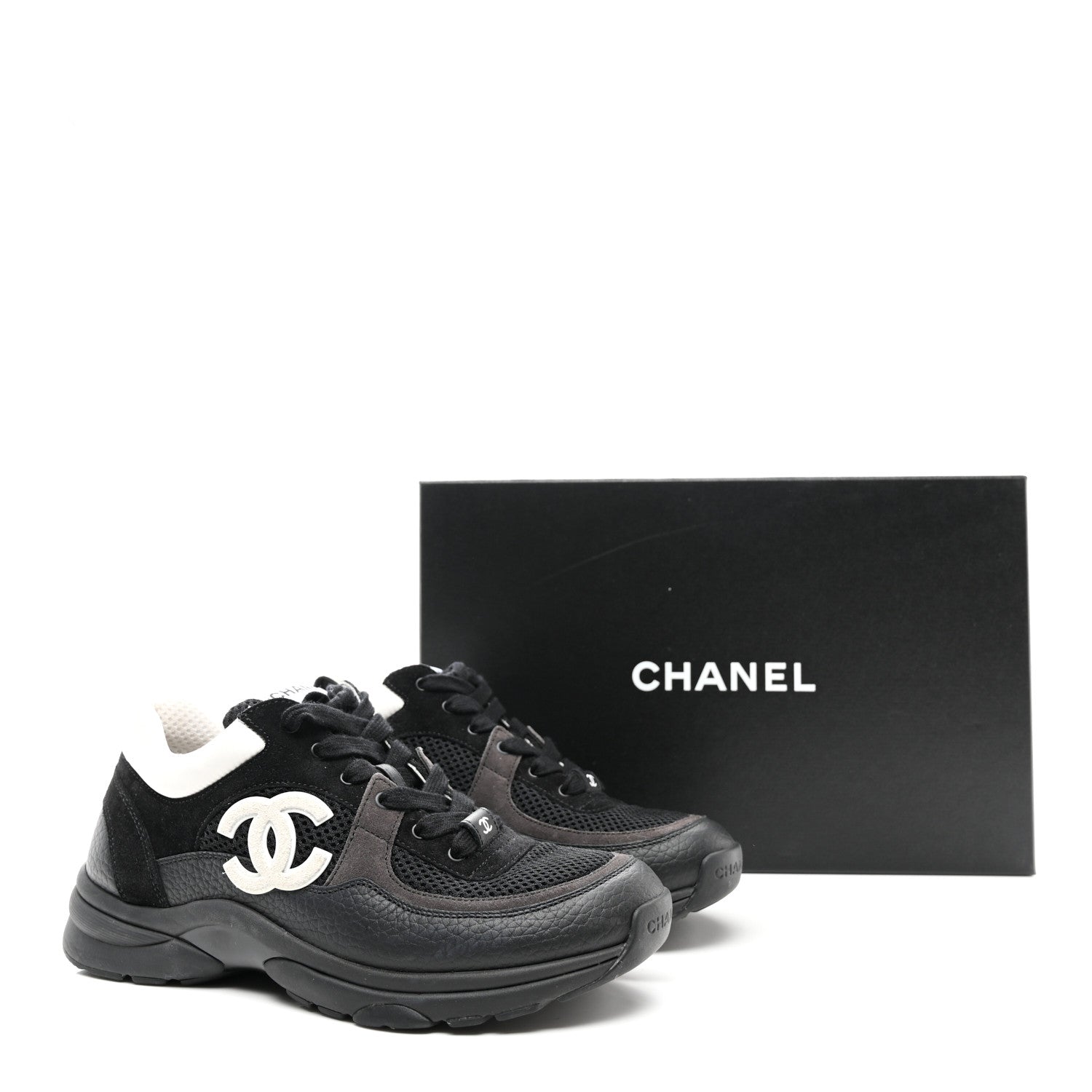 Chanel Mesh Suede Grained Calfskin Womens CC Sneakers 38 Black White 11 of 11