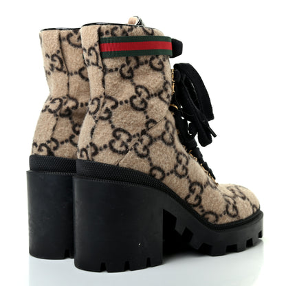 Gucci Covered Wool GG Monogram Womens Lace Up Combat Ankle Boots 37.5 Beige Ebony Black 4 of 9