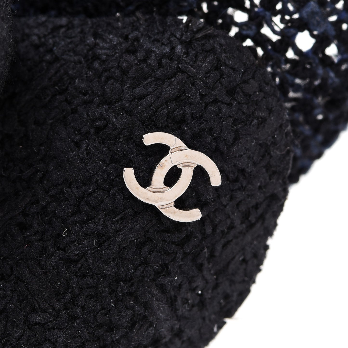 Tweed Camellia Pin Brooch Navy Blue