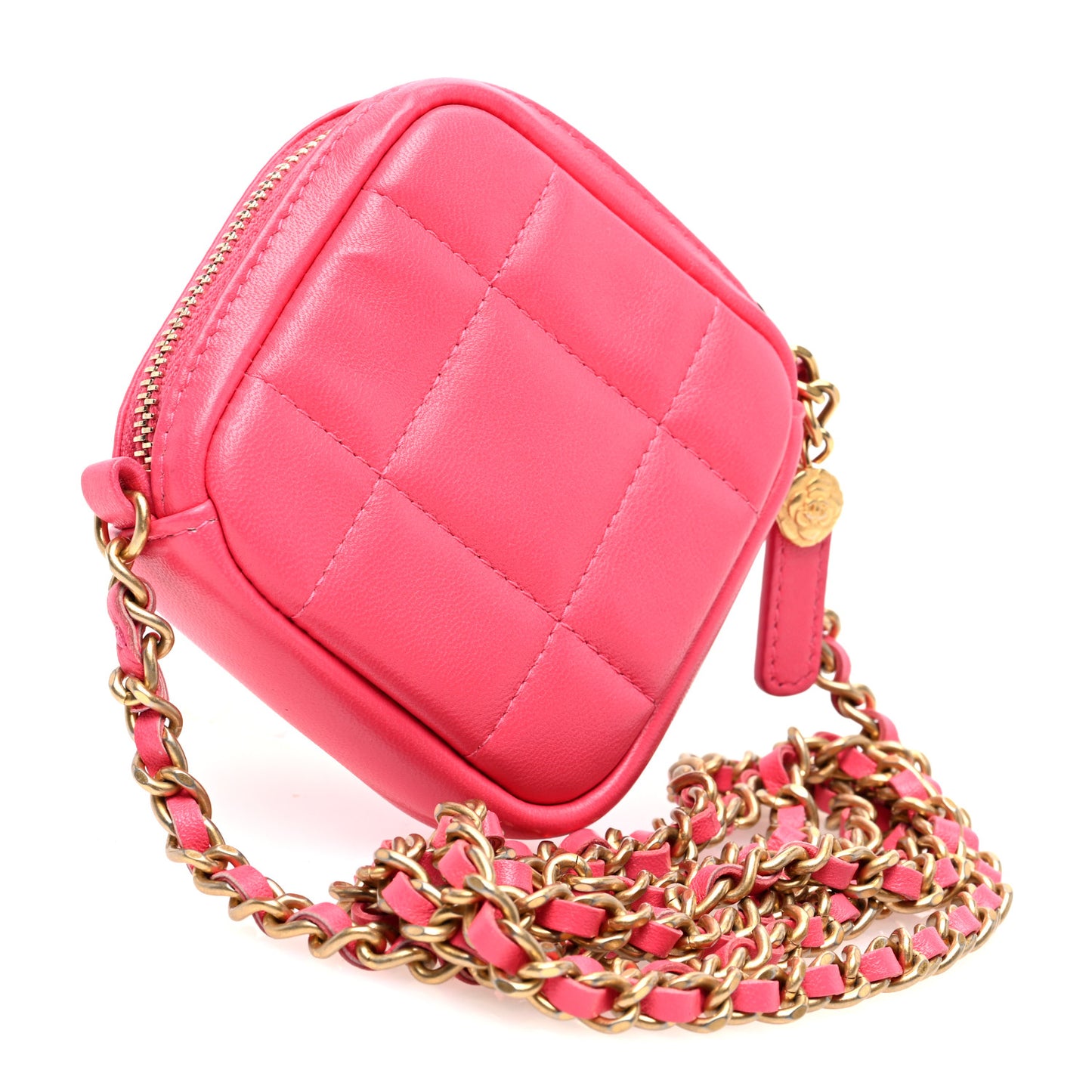 Lambskin Quilted Diamond Coin Purse With Chain Pink
