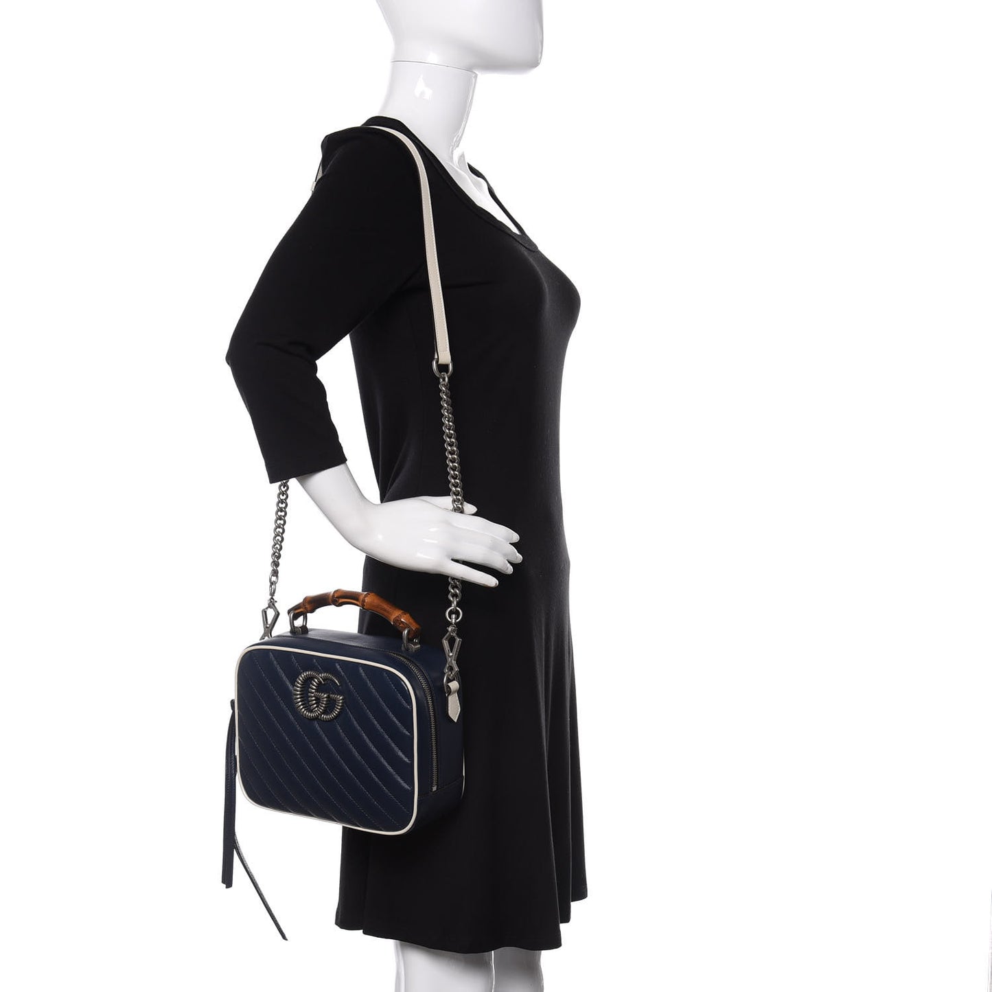 Vintage Effect Calfskin Matelasse Diagonal Small Torchon GG Marmont Bamboo Top Handle Shoulder Bag Blue Agata Mystic White
