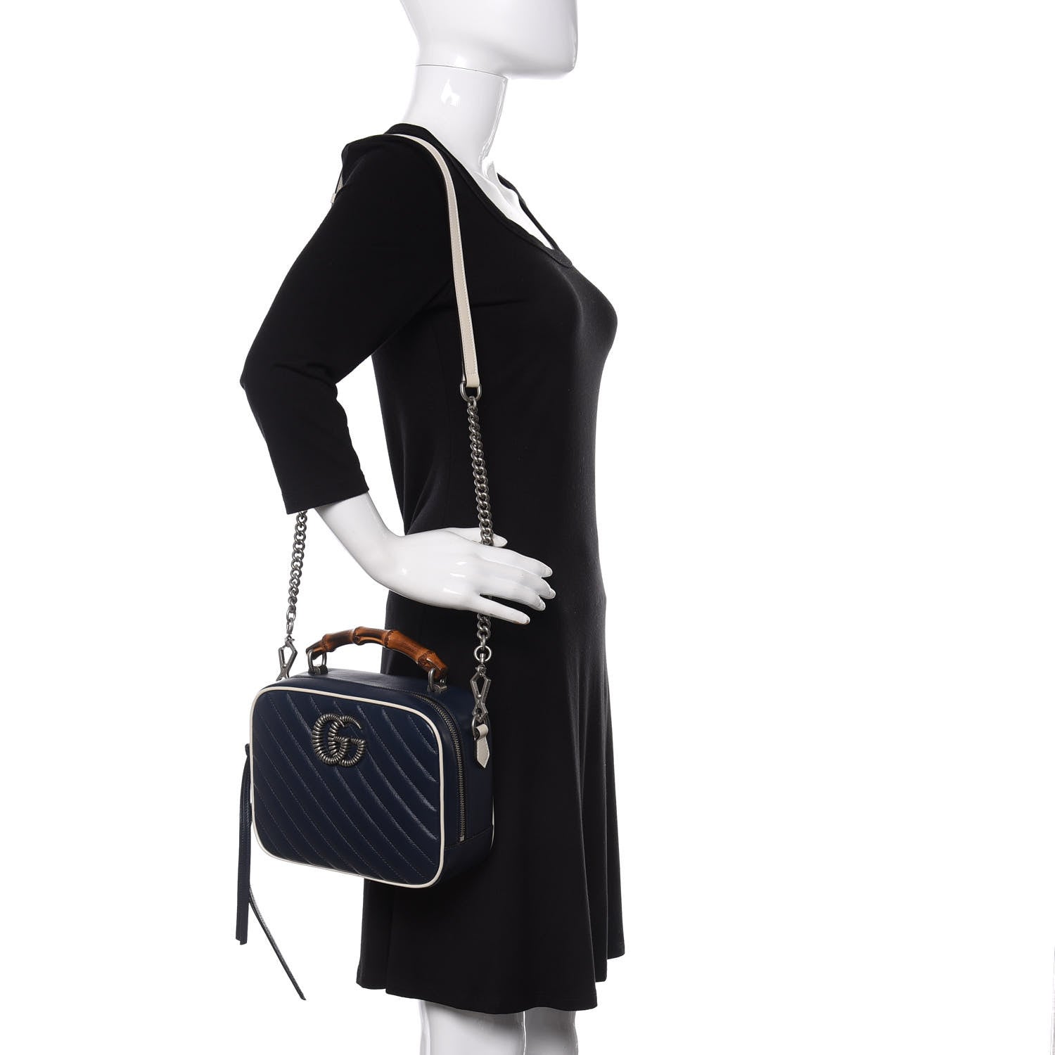 Gucci Vintage Effect Calfskin Matelasse Diagonal Small Torchon GG Marmont Bamboo Top Handle Shoulder Bag Blue Agata Mystic White 2 of 10