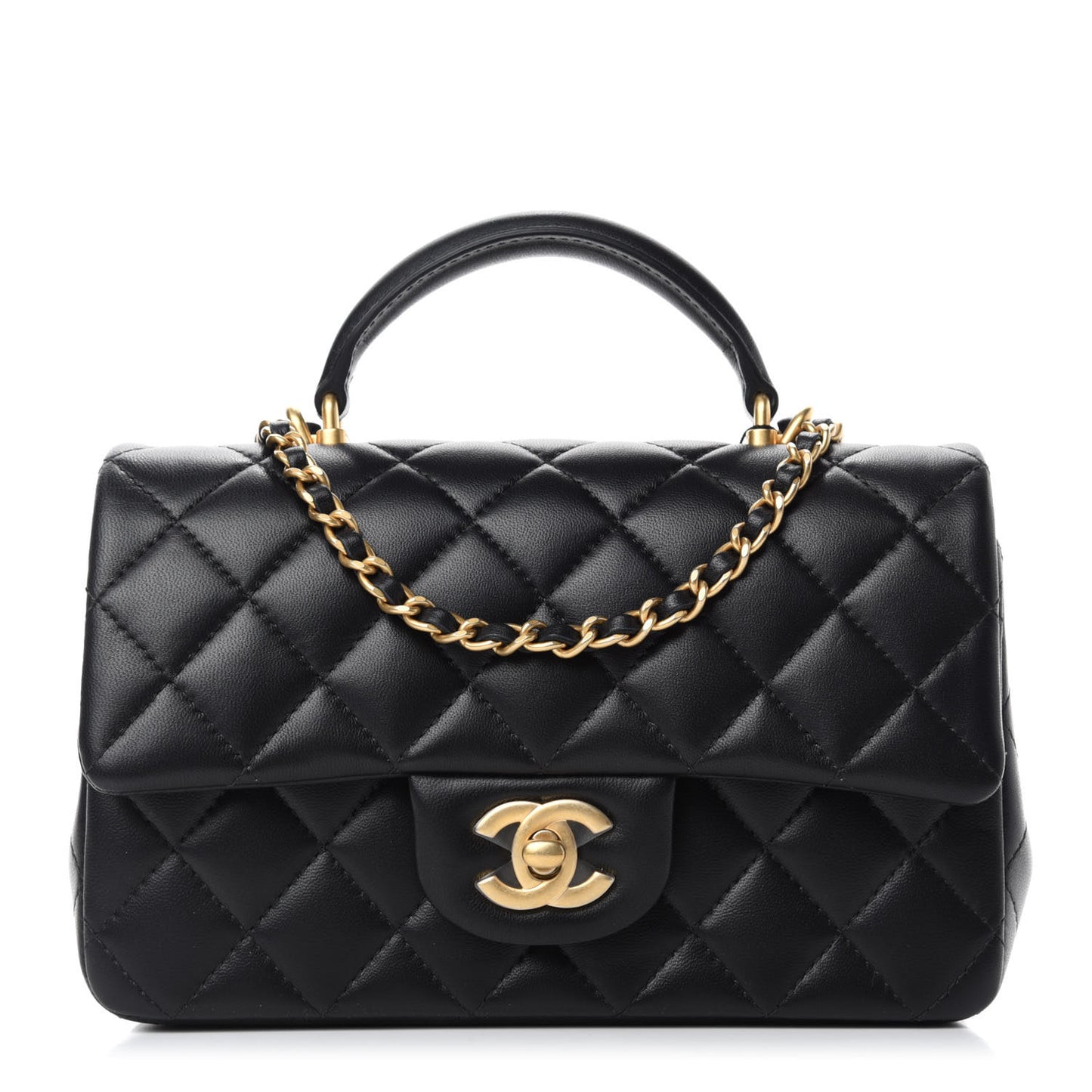 Lambskin Quilted Mini Top Handle Rectangular Flap Black