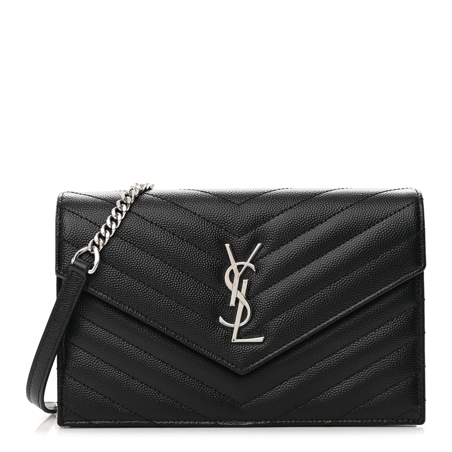 Grain De Poudre Matelasse Chevron Monogram Envelope Chain Wallet Black