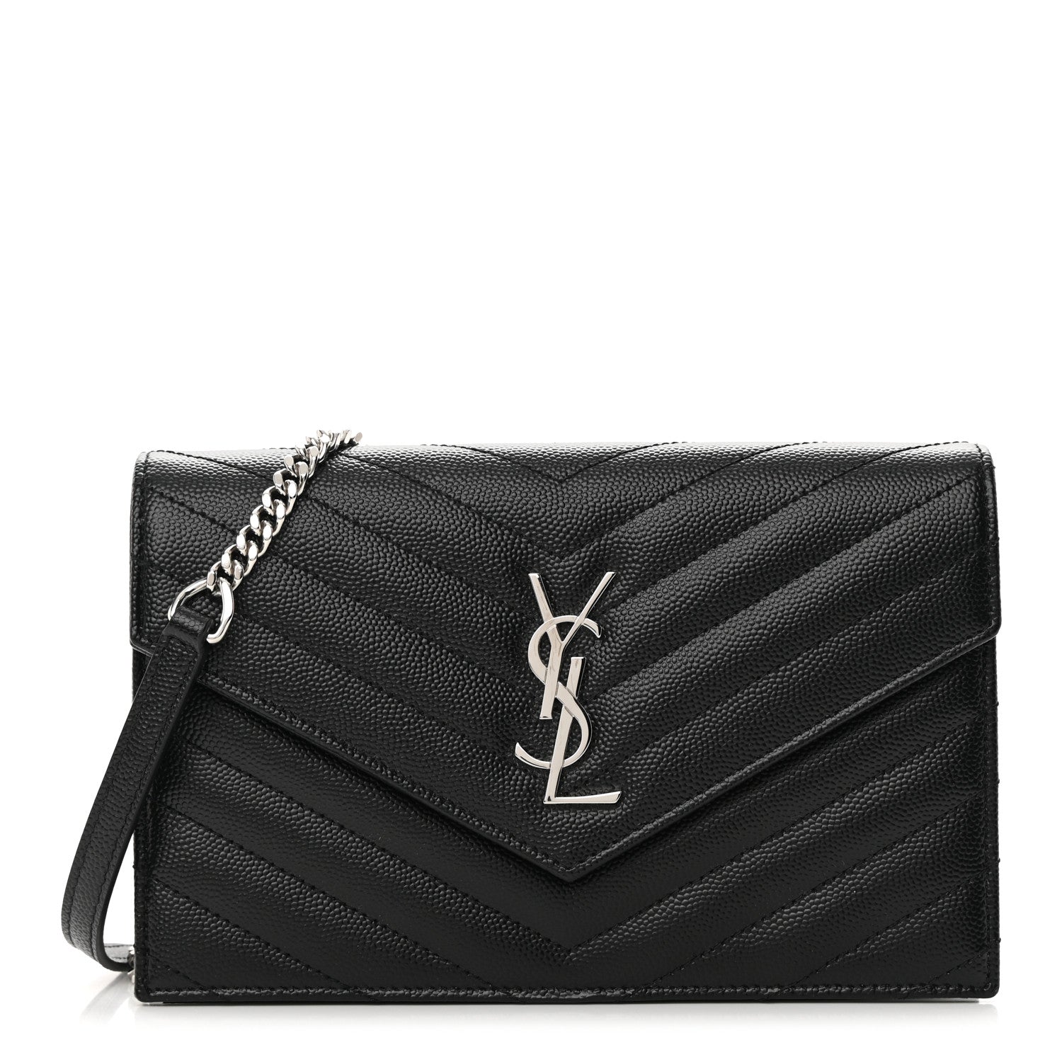 Saint Laurent Grain De Poudre Matelasse Chevron Monogram Envelope Chain Wallet Black 1 of 12
