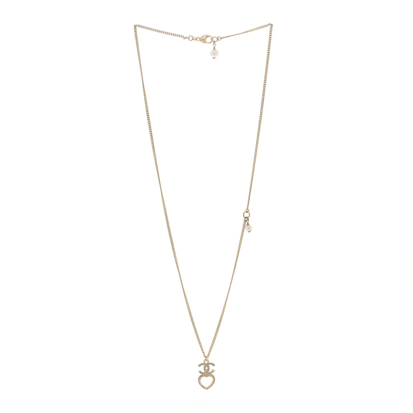 Crystal Pearl CC Heart Necklace Gold
