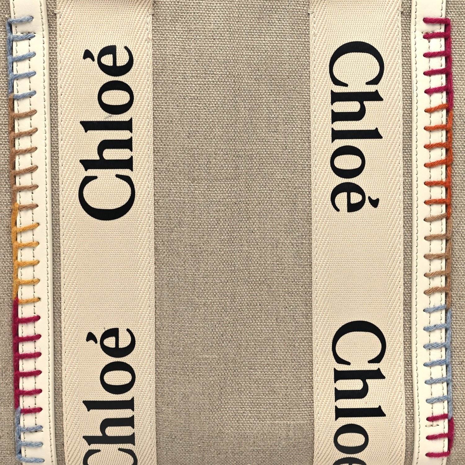 Chloe Linen Canvas Calfskin Blanket Stitched Medium Woody Ribbon Tote White Multicolor 8 of 10