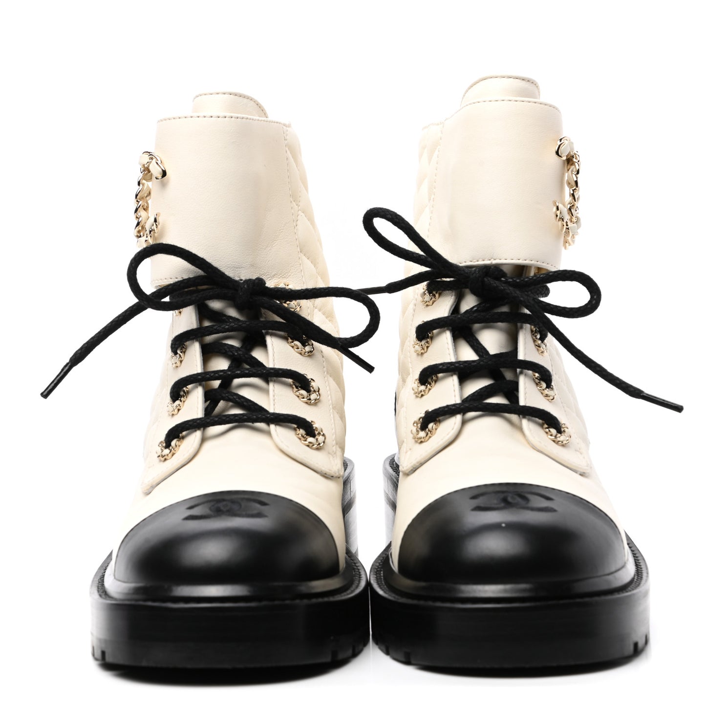 Shiny Goatskin Calfskin Quilted Lace Up Combat Boots 38 Ivory Black