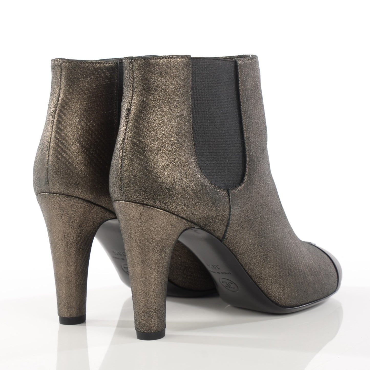 Metallic Lambskin CC Cap Toe Ankle Boots 38.5 Argent Fonce Black