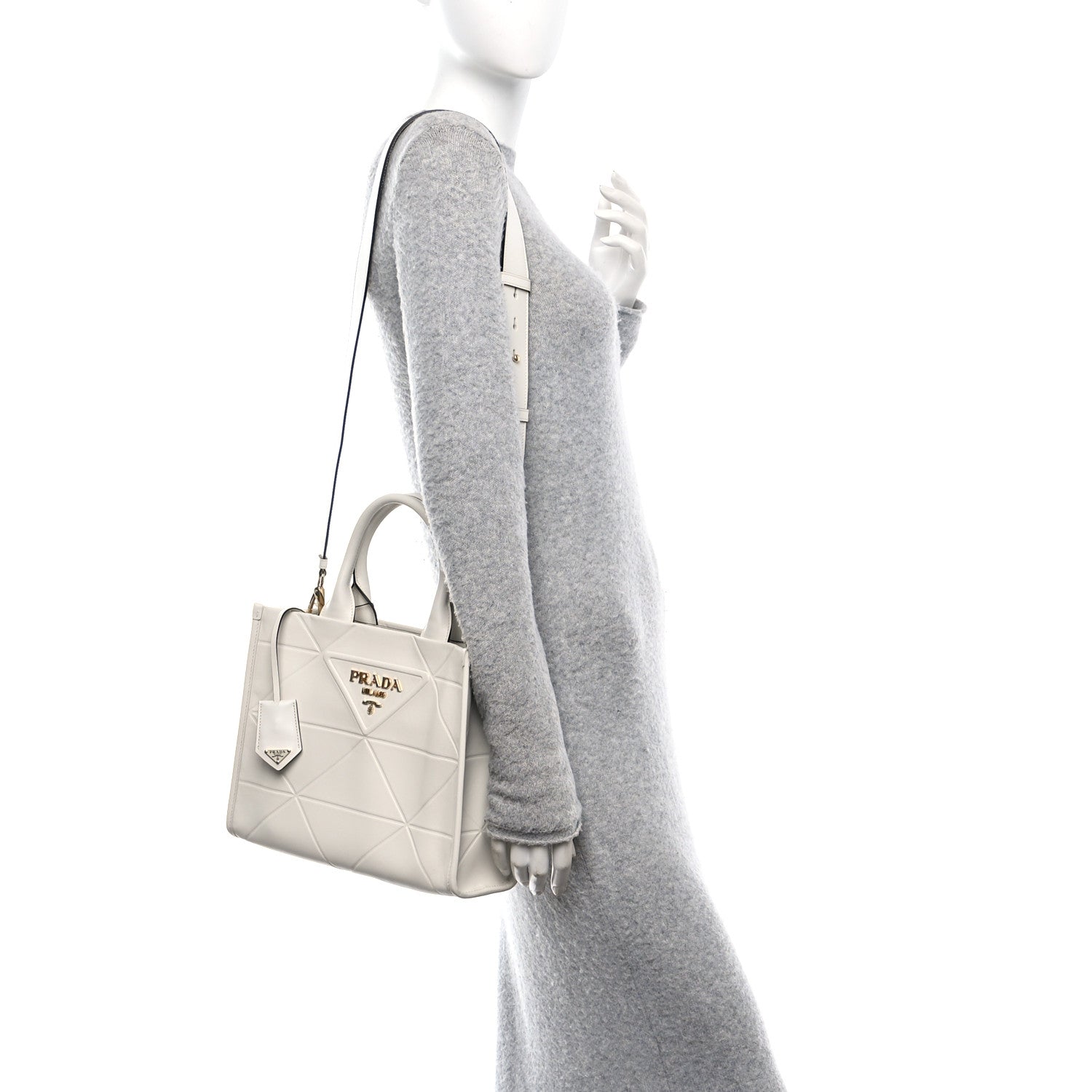 Prada Soft Calfskin Triangolo Symbole Embossed Small Tote White 3 of 10