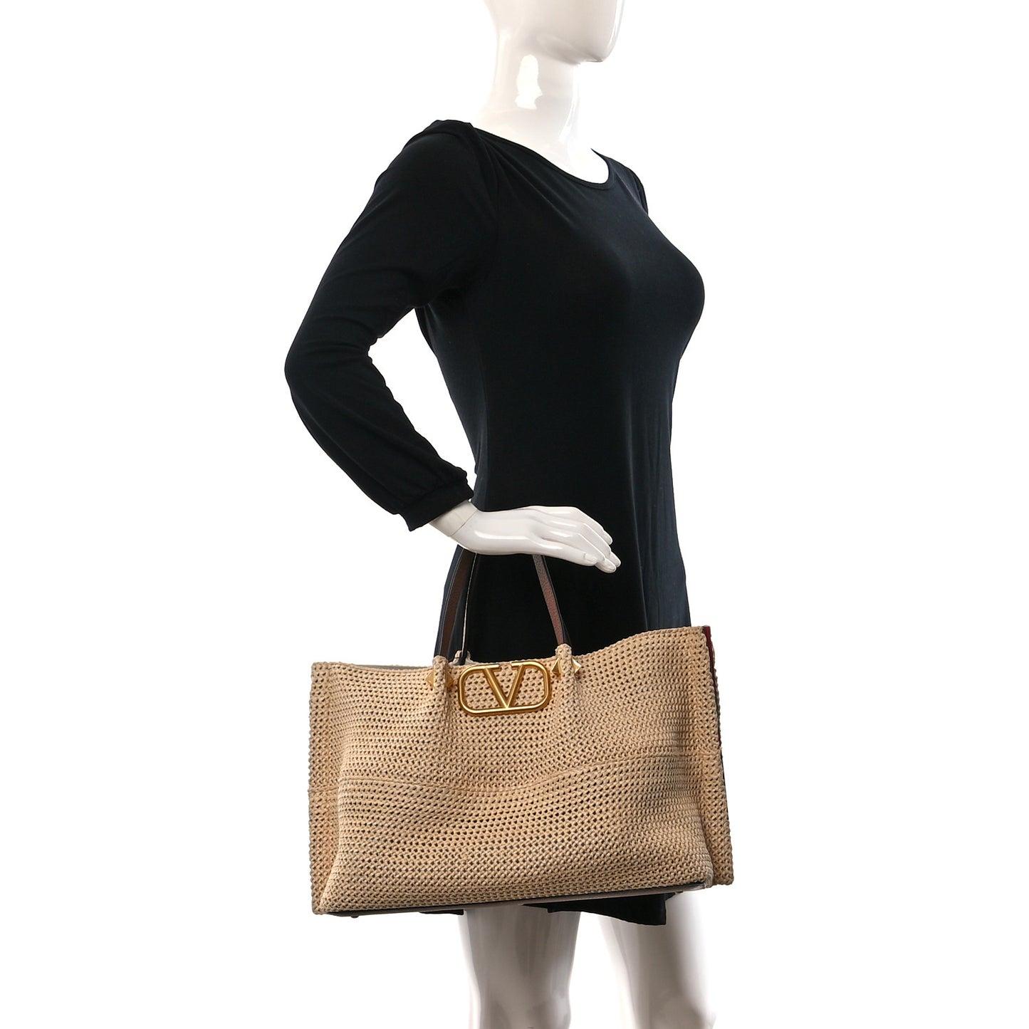 Raffia Grained Calfskin Medium Rockstud Vlogo Tote Naturale