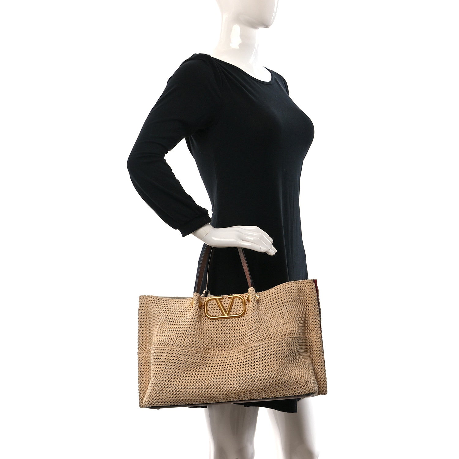 Valentino Garavani Raffia Grained Calfskin Medium Rockstud Vlogo Tote Naturale 2 of 8