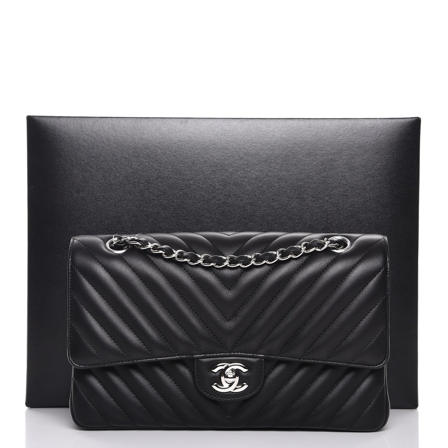 Lambskin Chevron Quilted Medium Double Flap Black
