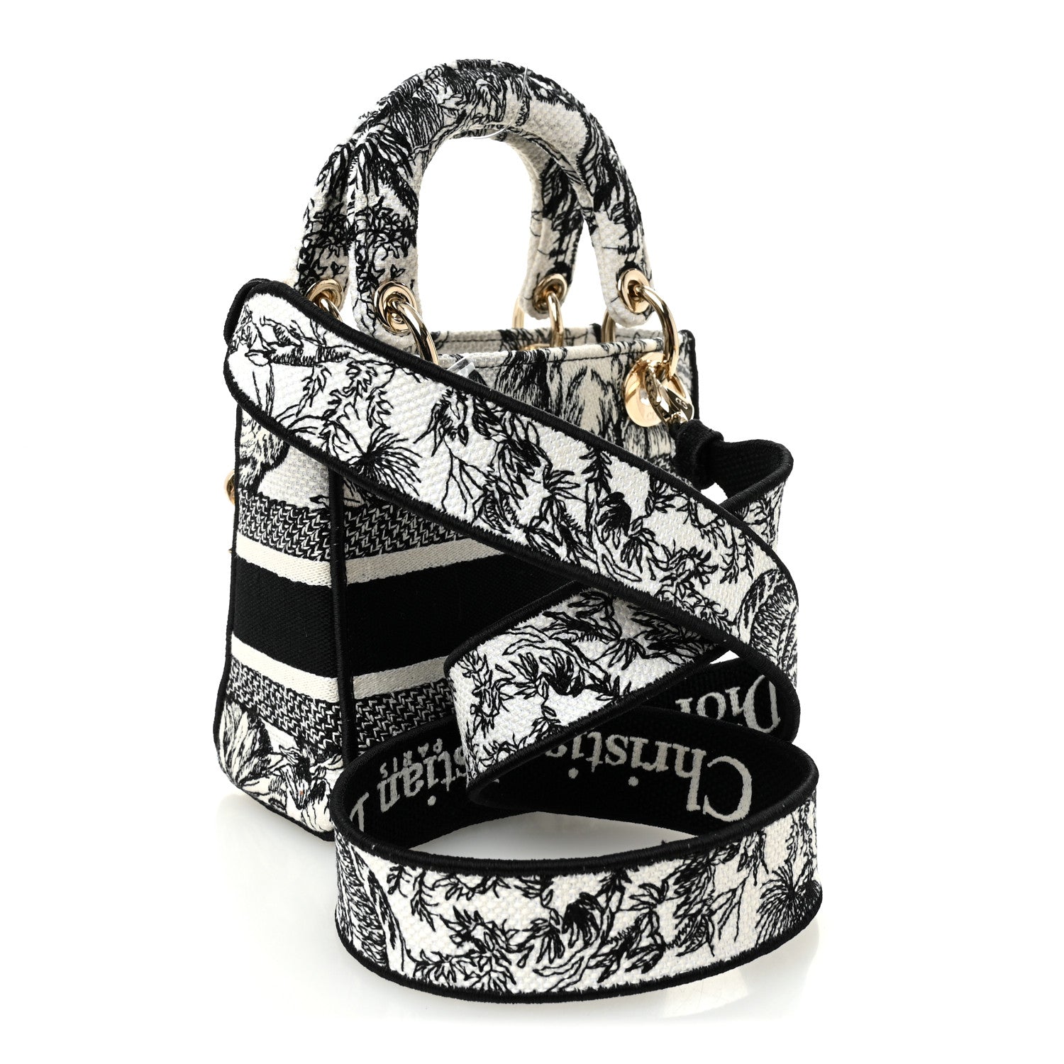 Christian Dior Canvas Embroidered Toile De Jouy Mini Lady D-Lite White Black 3 of 13