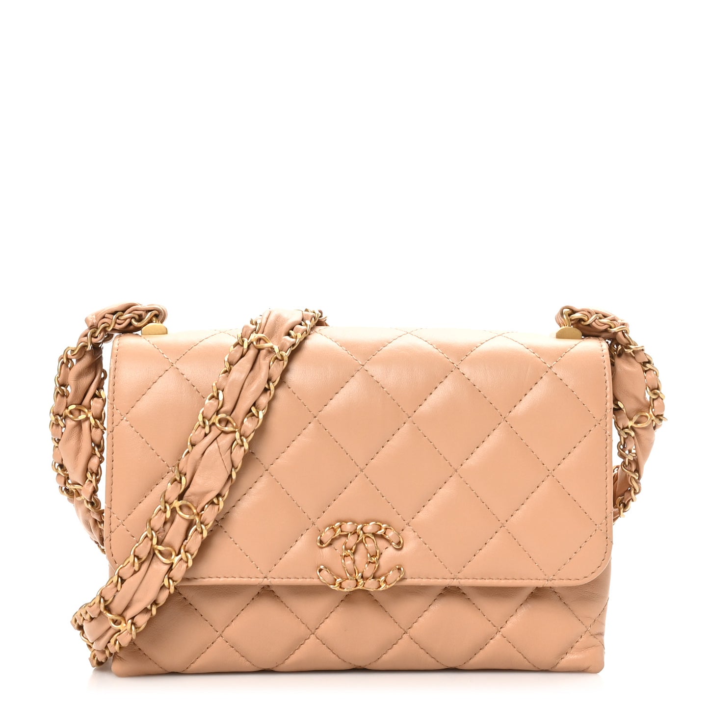 Crumpled Calfskin Quilted Braided CC Flap Beige