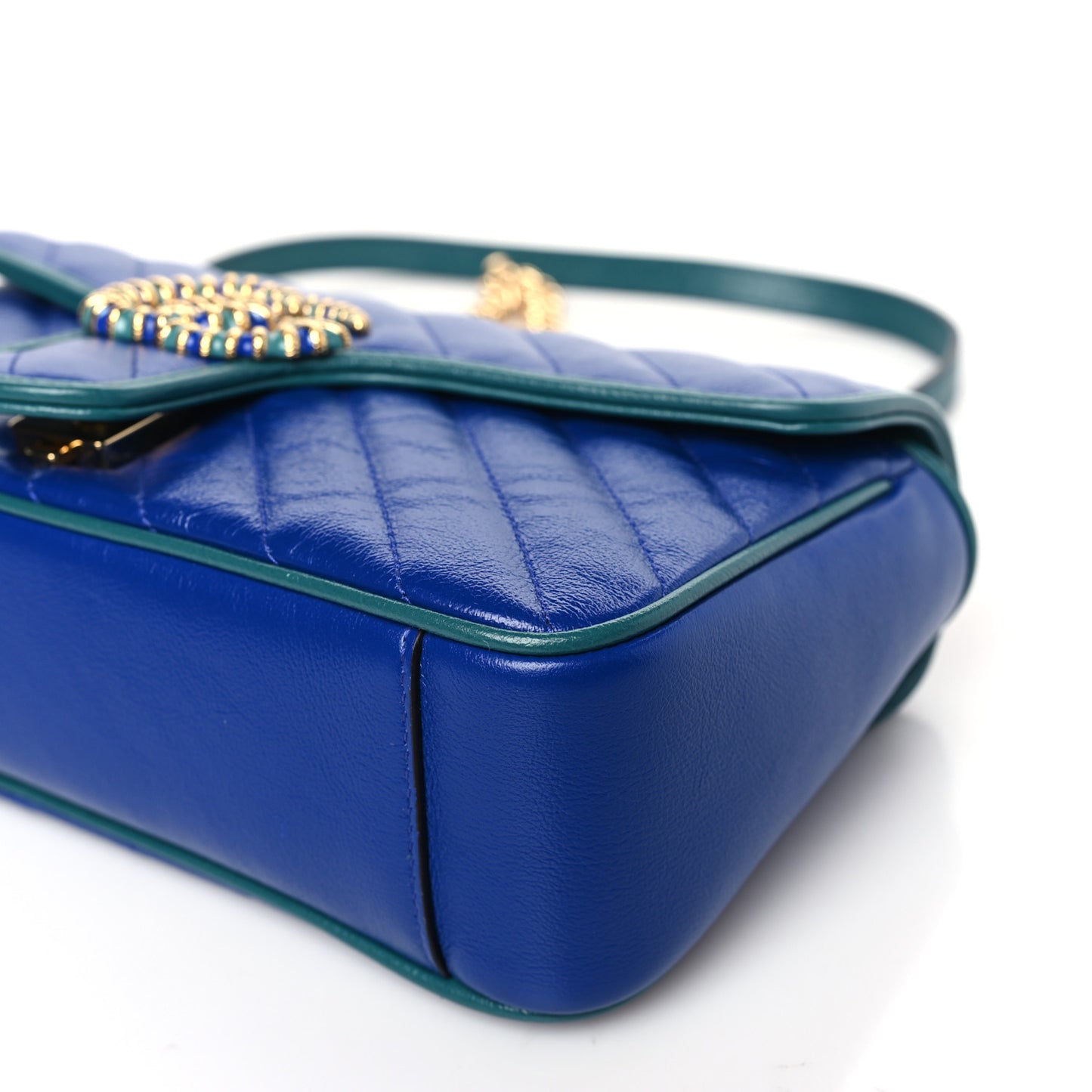 Azalea Calfskin Enamel Matelasse Diagonal Small Torchon GG Marmont Shoulder Bag Imperial Blue Pavone