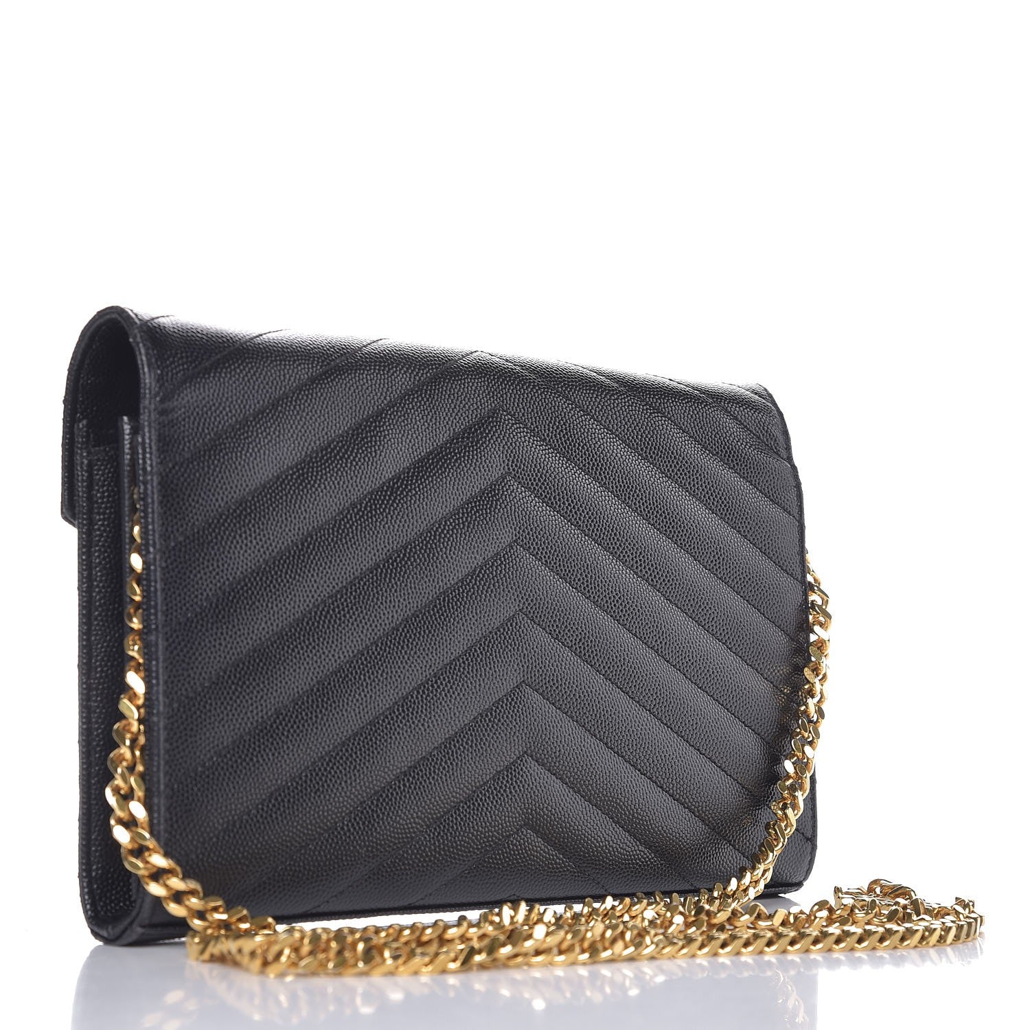 Saint Laurent Grain De Poudre Matelasse Chevron Monogram Chain Wallet Black 3 of 9