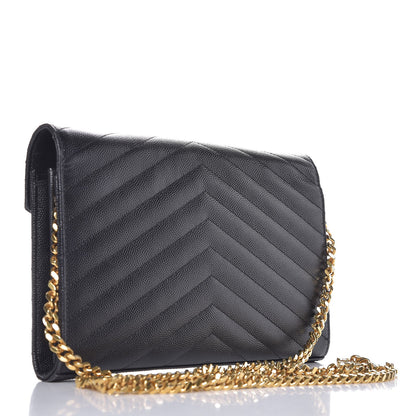 Saint Laurent Grain De Poudre Matelasse Chevron Monogram Chain Wallet Black 3 of 9