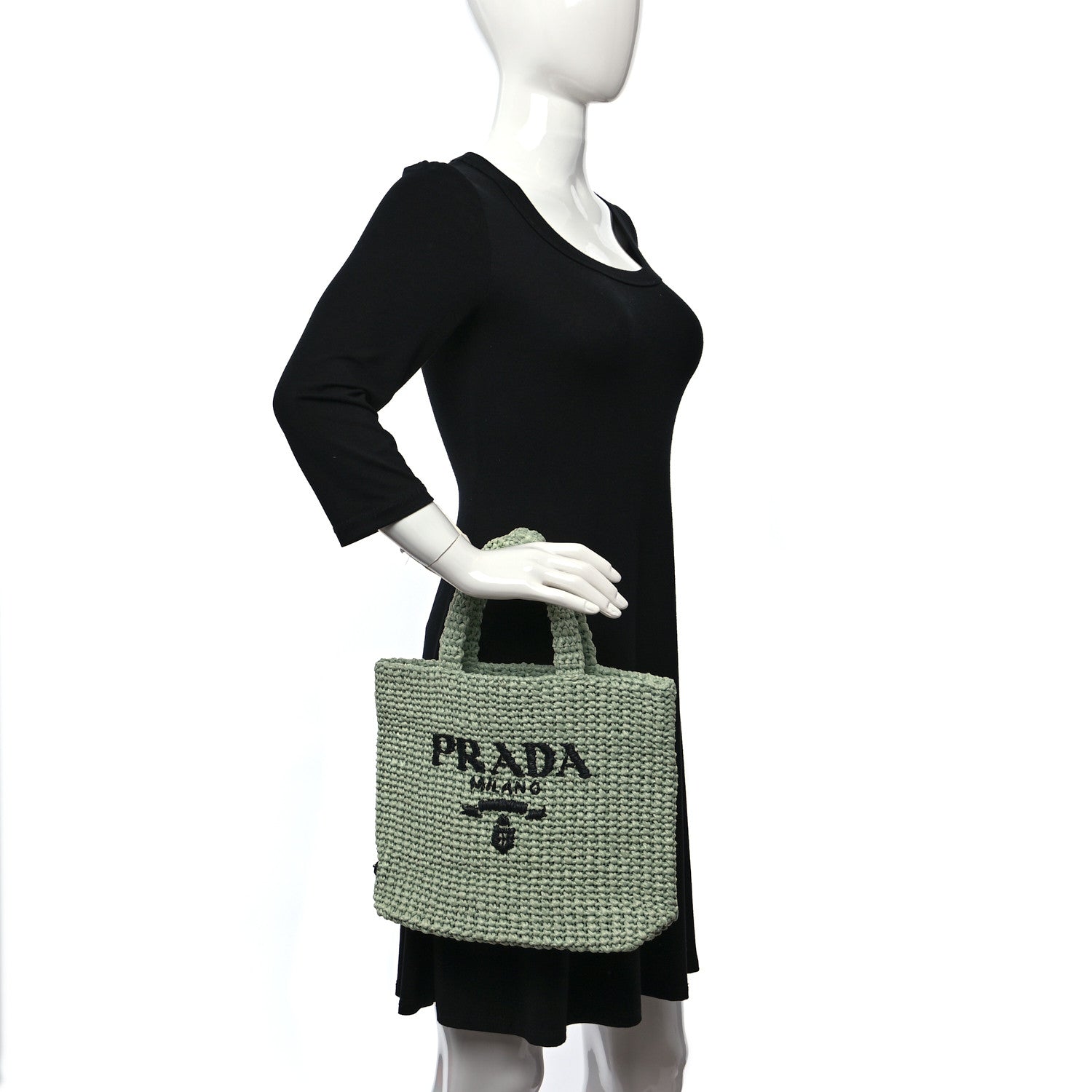 Prada Yarn Raffia Effect Crochet Small Logo Tote Acqua 2 of 9